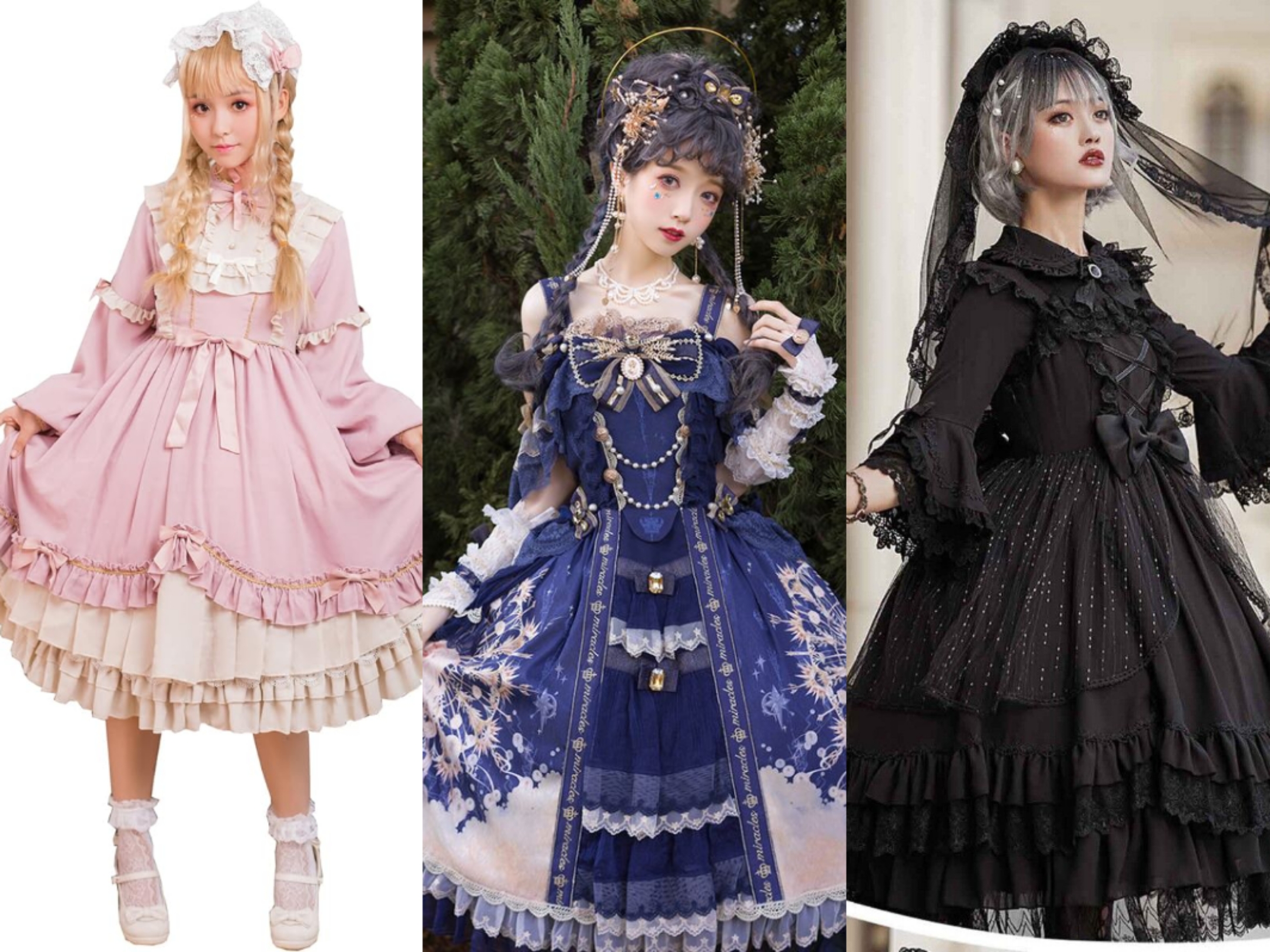 Three types of Lolita, Sweet Lolita, Classical Lolita, and Gothic Lolita